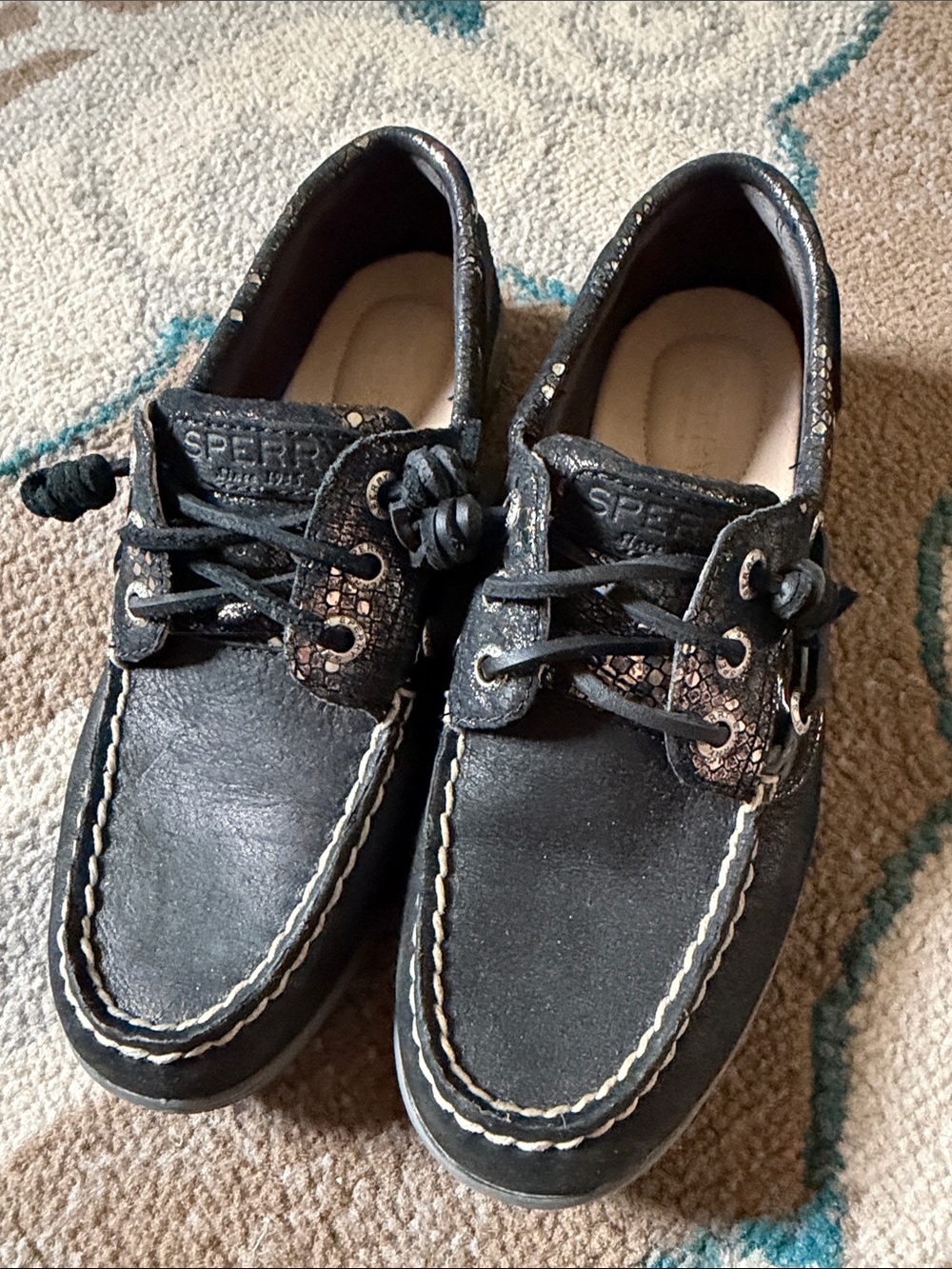 Sperry Navy Blue Leather Boat Shoes with SnakeskinTrim. .